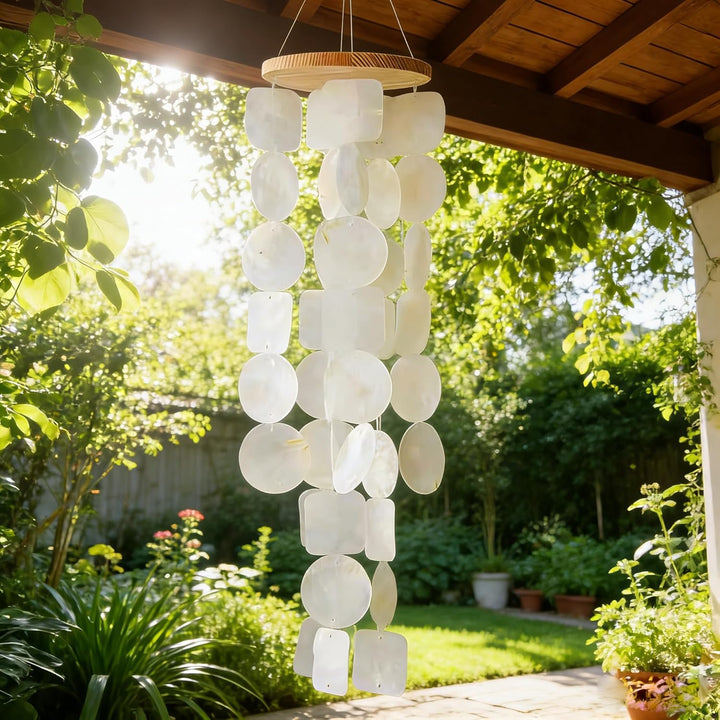 Muschel Windspiel aus echten Capiz Muscheln, Boho Deko Hängend für Balkon Garten Terrasse, 45 cm Win