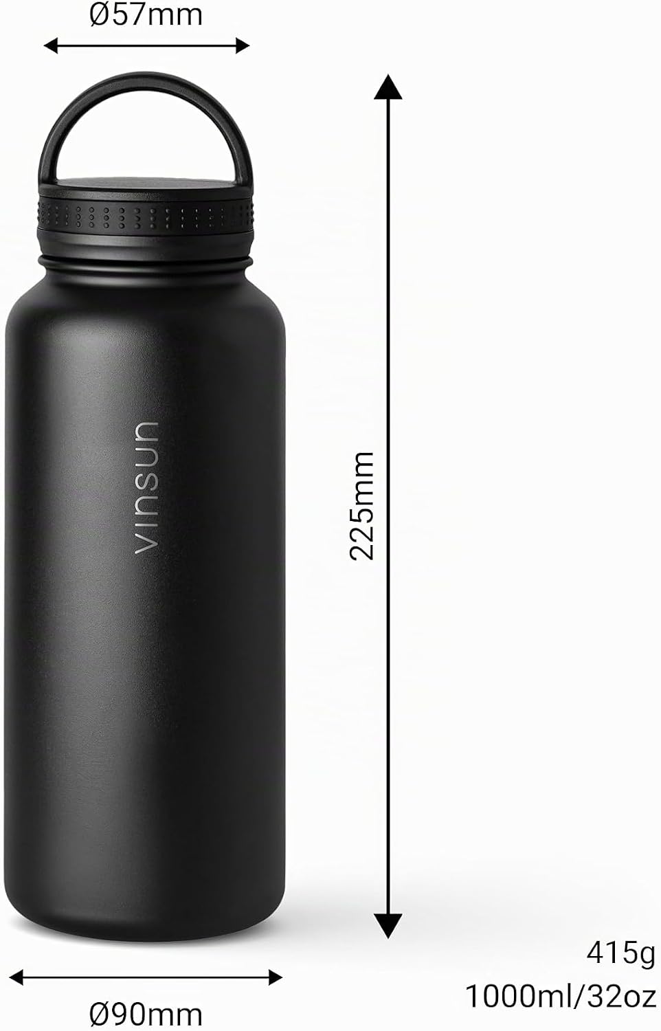 Vinsun Thermosflasche schwarz 1L - auslaufsicher, Kohlensäure geeignet, BPA frei - Strohhalm, Trinkö