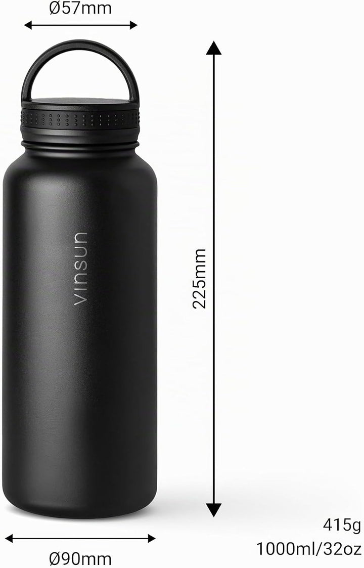 Vinsun Thermosflasche schwarz 1L - auslaufsicher, Kohlensäure geeignet, BPA frei - Strohhalm, Trinkö