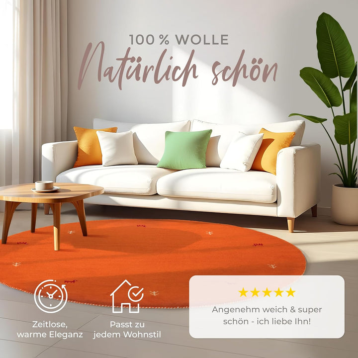 carpetfine Wollteppich Gabbeh Uni Rund Orange Ø 80 | Moderner Teppich für Wohn- und Schlafzimmer Ø 8