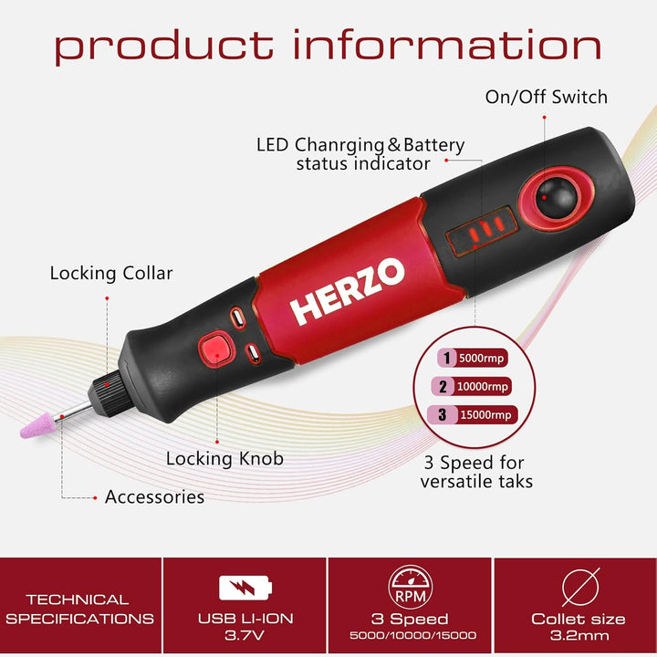 HERZO Mini Multifunktionswerkzeug, 3.7V Li-Ion Akku Mehrzweckschleifmaschine, mit 3 variabler Drehza