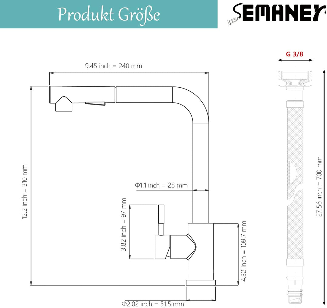 Wasserhahn Küche Schwarz, SEMANEY Hochdruck Küchenarmatur mit Brause Ausziehbar Zwei Strahlarten, Sp