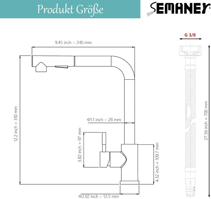 Wasserhahn Küche Schwarz, SEMANEY Hochdruck Küchenarmatur mit Brause Ausziehbar Zwei Strahlarten, Sp