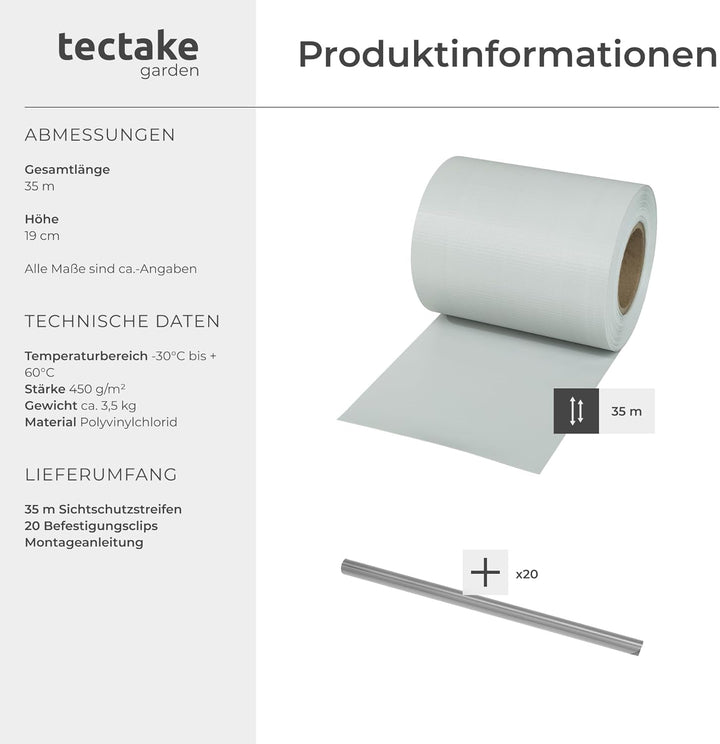 TecTake PVC Sichtschutzfolie Sichtschutzstreifen inkl. Befestigungsclips 450g/m² - Diverse Modelle -
