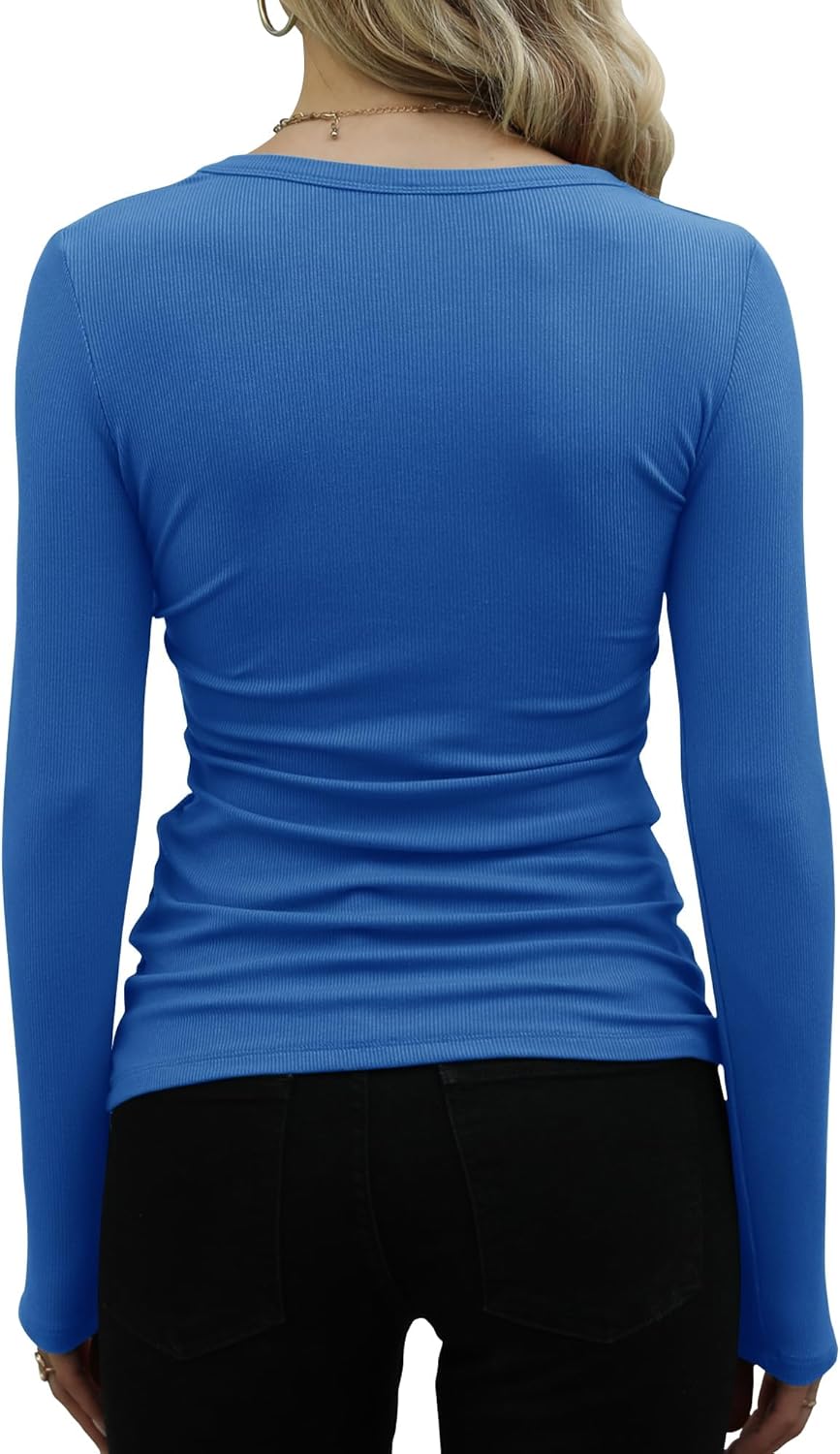 Langarmshirt Damen Rundhal Pullover Elegant Langarm Oberteile Rippshirt Tshirts Basic Tops Blau M, B
