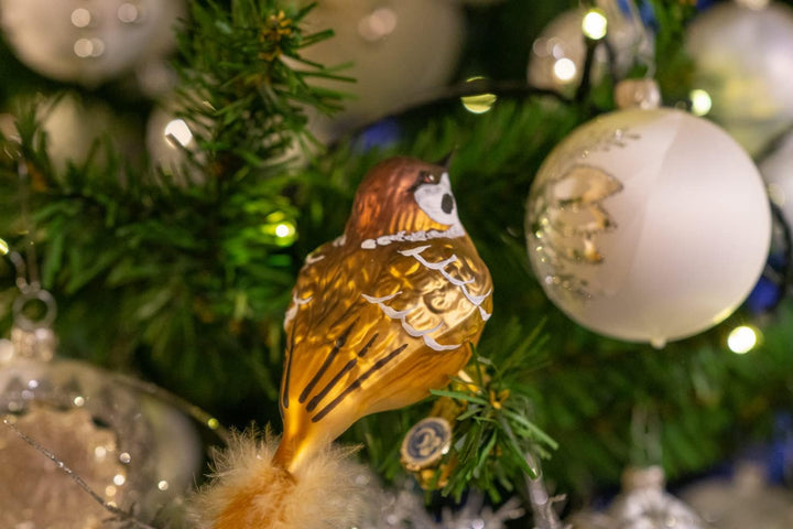 Glas-Vogel, Feldsperling mit Naturfeder, Glasschmuck Made in Germany aus eigener Herstellung, deko V