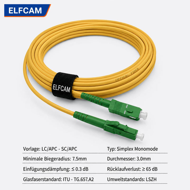 Elfcam® - 40m Glasfaserkabel SC/APC auf LC/APC Simplex Singlemode 9/125 µm LSZH, LWL Patchkabel für