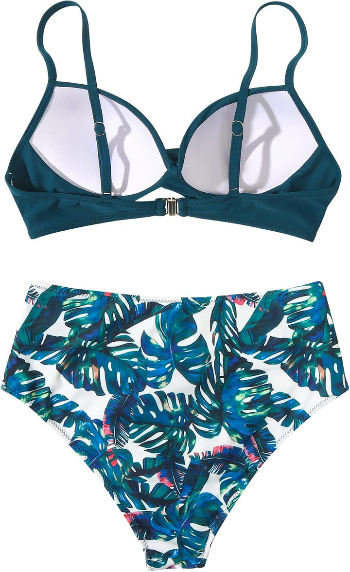 RXRXCOCO Damen Wickel Push Up Bikini Oberteil Bauchweg High Waist Bikini Set Bademode S Blau Geblümt