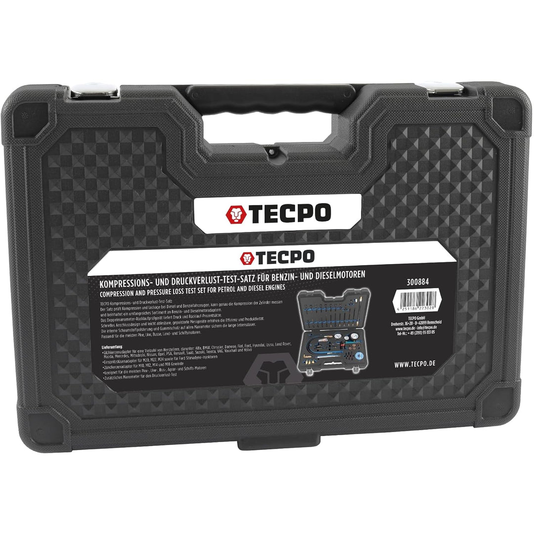TECPO Profi Kompressionstester Druckverlust Tester Motoren Prüfer kompatibel mit Diesel- und Benzinm