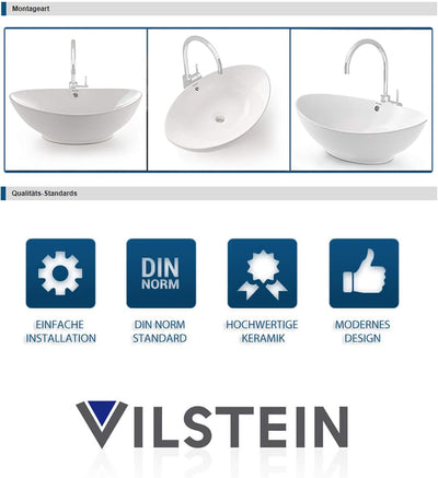 VILSTEIN Keramik Waschbecken, 60cm, Oval, Weiss, Mit Überlauf, Aufsatz-Waschschale für