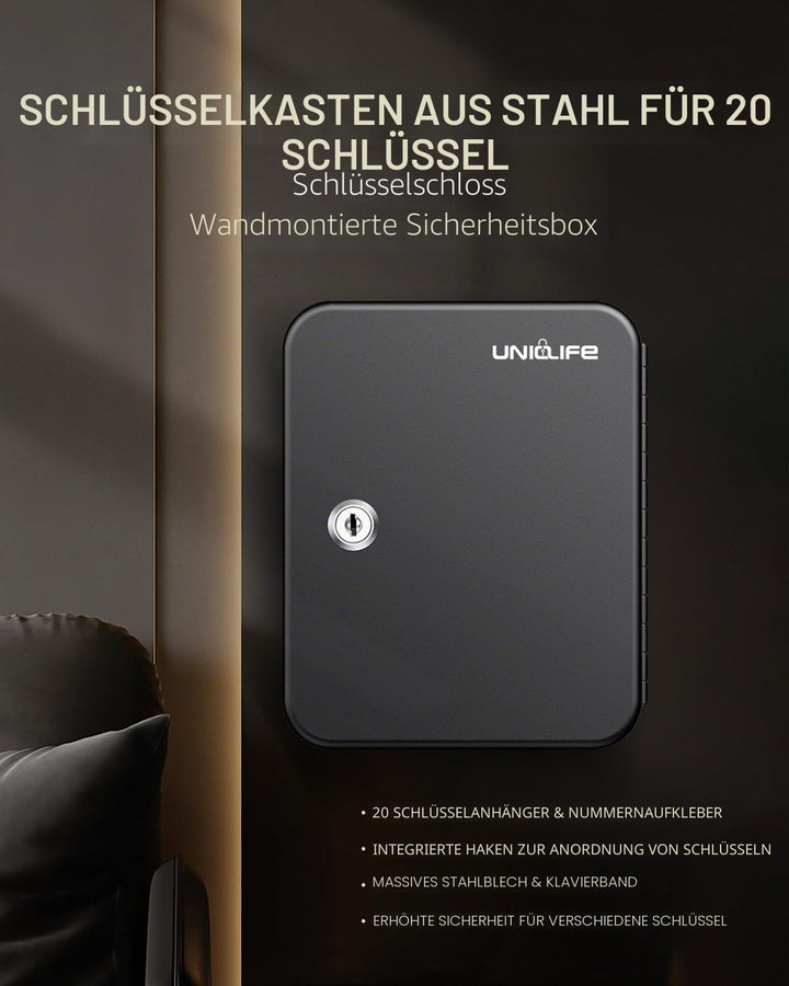 Uniclife Schlüsselschrank mit 20 Positionen, mit Schlüsselschloss, Wandmontage, schwarz, Sicherheits