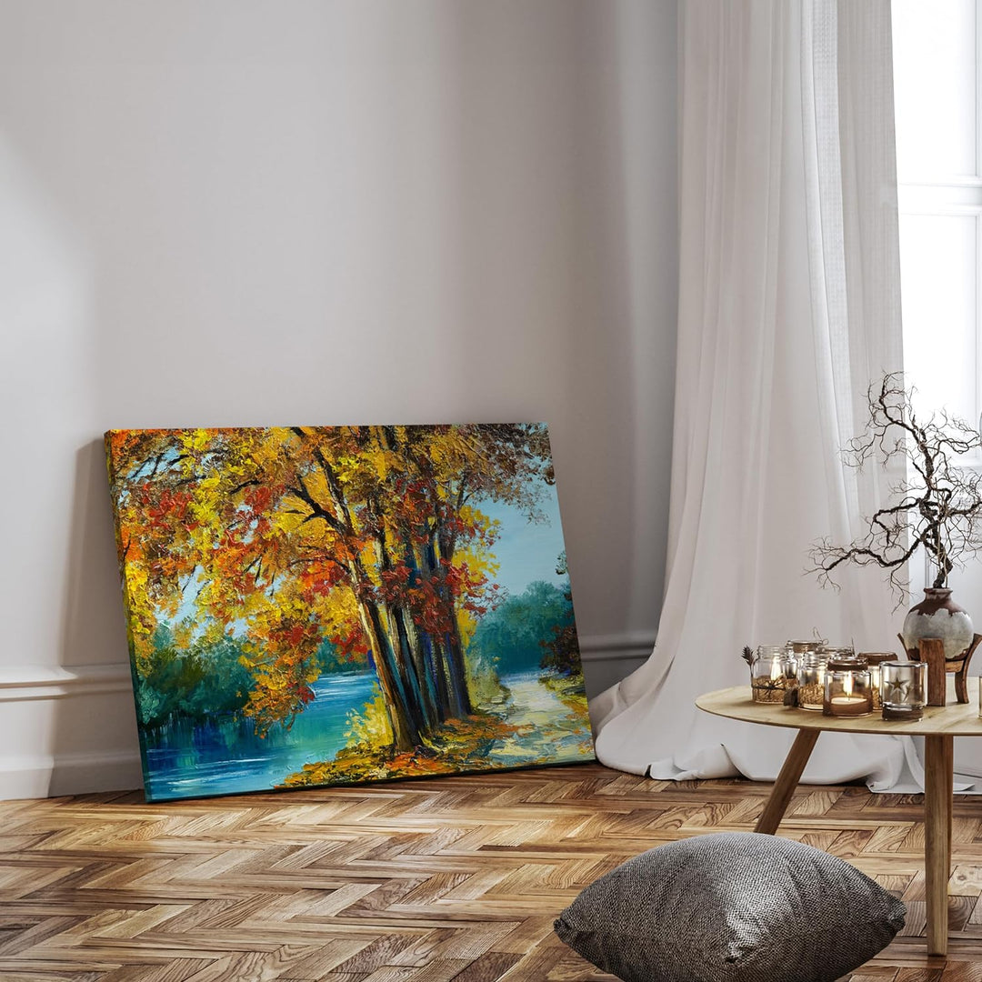 wandmotiv24 Leinwandbild Malerei, 60x45cm, Querformat, Bäume, Weg, Wasser, Deko, Bilder auf Leinwand