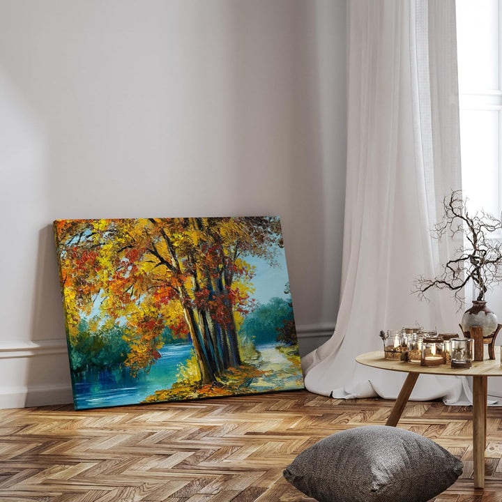 wandmotiv24 Leinwandbild Malerei, 60x45cm, Querformat, Bäume, Weg, Wasser, Deko, Bilder auf Leinwand