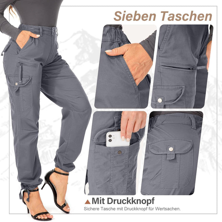 Cargohose Damen Hosen Multi Taschen Wanderhose Outdoorhose Baumwolle Arbeitshose Jogginghose Relaxed