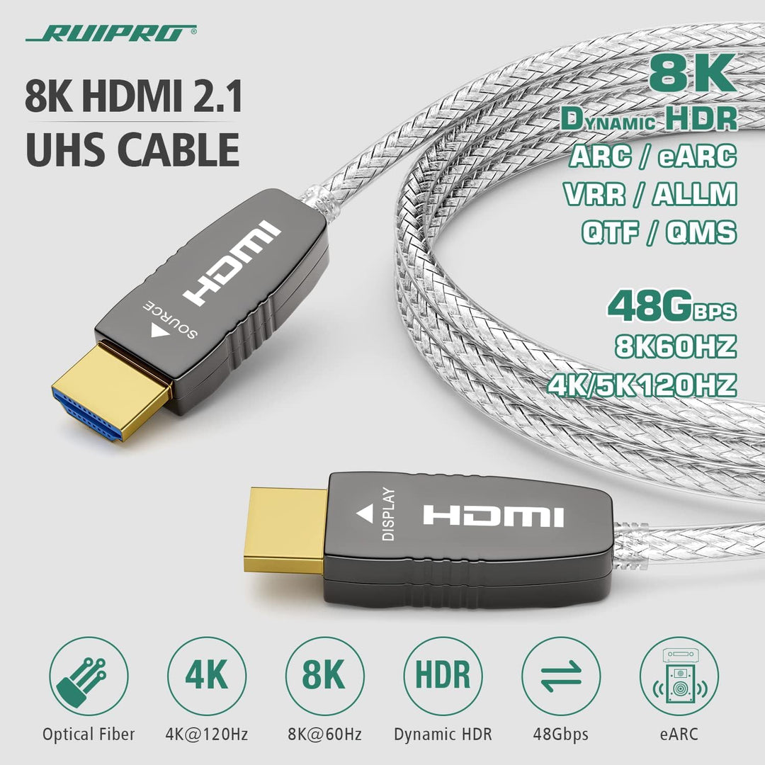 RUIPRO 8K HDMI Glasfaser Zertifiziert Kabel 10M, Optisches HDMI 2.1 48Gbps 8K@60Hz 4K@120Hz Dynamic