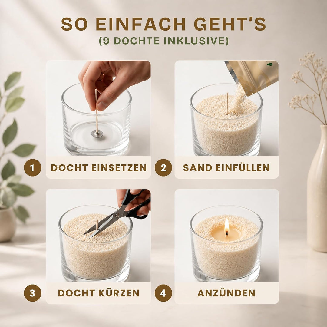 Kerzensand mit Duft Cozy Set 3x150g – Candle Sand [Vanille/Sandelholz/Moschus] – 9 Dochte inklusive