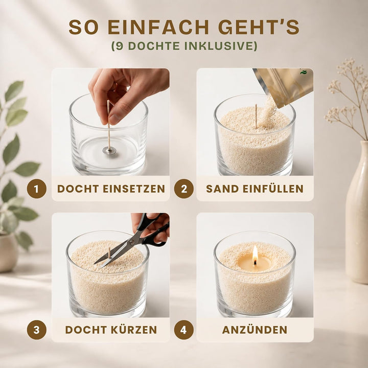 Kerzensand mit Duft Cozy Set 3x150g – Candle Sand [Vanille/Sandelholz/Moschus] – 9 Dochte inklusive