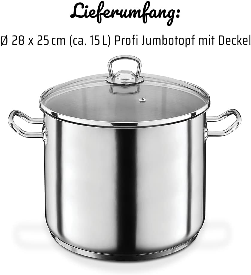 GSW 643437 Profi Jumbotopf mit Glasdeckel 28x25cm / ca. 15,0 Liter, Edelstahl, silber, 28 cm, 2-Einh