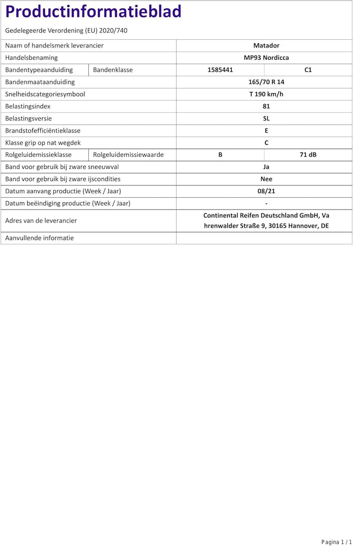 MATADOR MP93 NORDICCA - 165/70R14 81T - E/C/71dB/B - Winterreifen