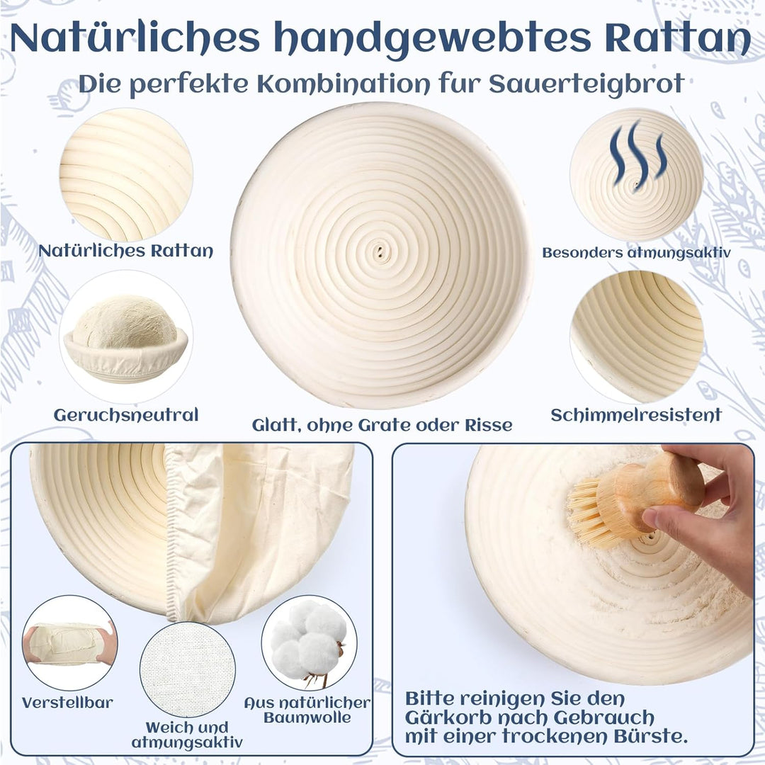 Gärkörbchen Für Sauerteig Starter Set, Gärkorb (23cm rund),100% natürlichem Rattan, inkl. Leineneins