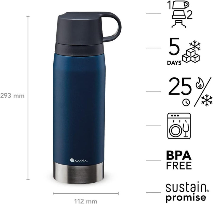 Aladdin CityPark Thermavac Twin Cup Bottle 1.1L Navy Blue – BPA FREE Stainless Steel Bottle with Bui