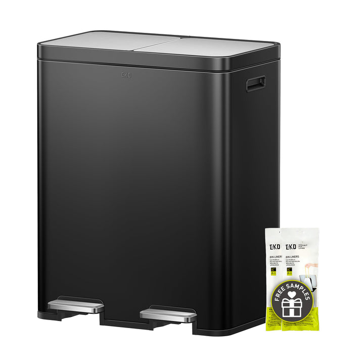 EKO Mülleimer Küche 2 Fächer, 2 x 30 Liter, Abfalleimer mit 2 Inneneimern Schwarz 30L+30L, Schwarz 3