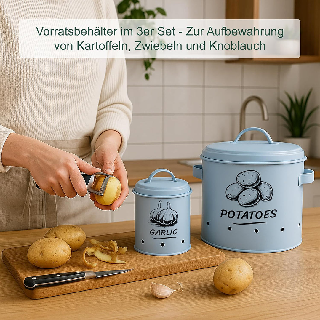 Relaxdays Kartoffel Aufbewahrungsbox, Zwiebeln, Knoblauch, 3er Set, mit Deckel &amp; Löchern, Metall, Zw