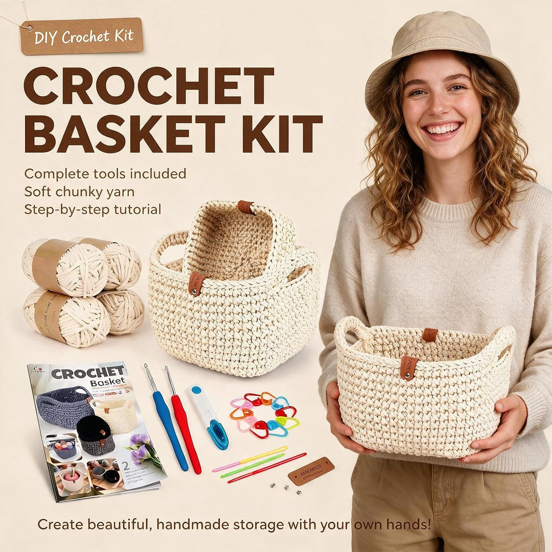 2PCS Square Häkelkorb Häkelset - 2 Häkelnadeln, 4 Häkelgarn Anleitung Beige | Crochet Set, Korb Häke