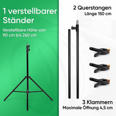 PIXETOOL - Greenscreen mit Ständer (2,6m x 1,5m) - Fotohintergrund - Fotostudio – Green Screen - Hin