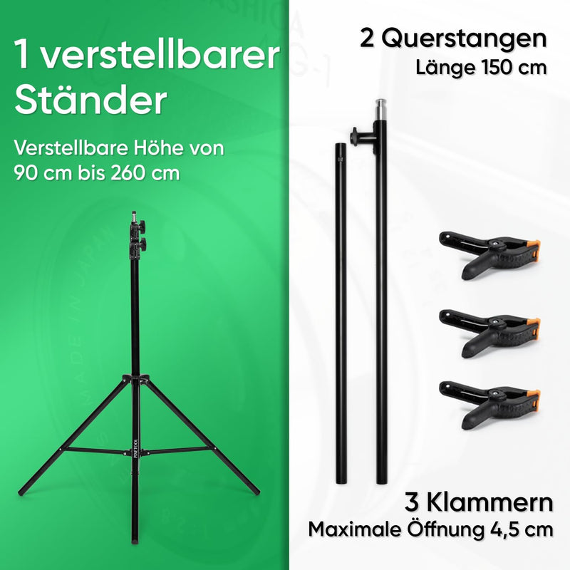 PIXETOOL - Greenscreen mit Ständer (2,6m x 1,5m) - Fotohintergrund - Fotostudio – Green Screen - Hin