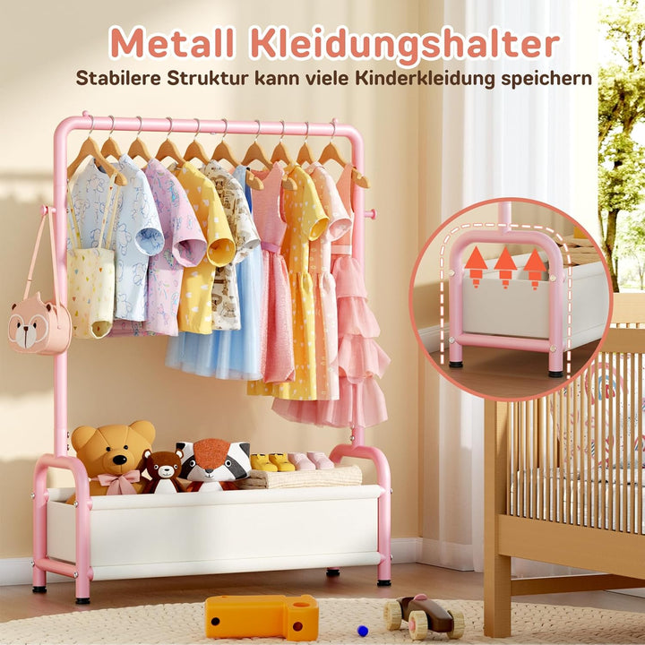 Kinder Garderobe Kleiderständer 80×30×125cm, Kinder Kleiderständer mit 2 Haken + Aufbewahrungskorb,