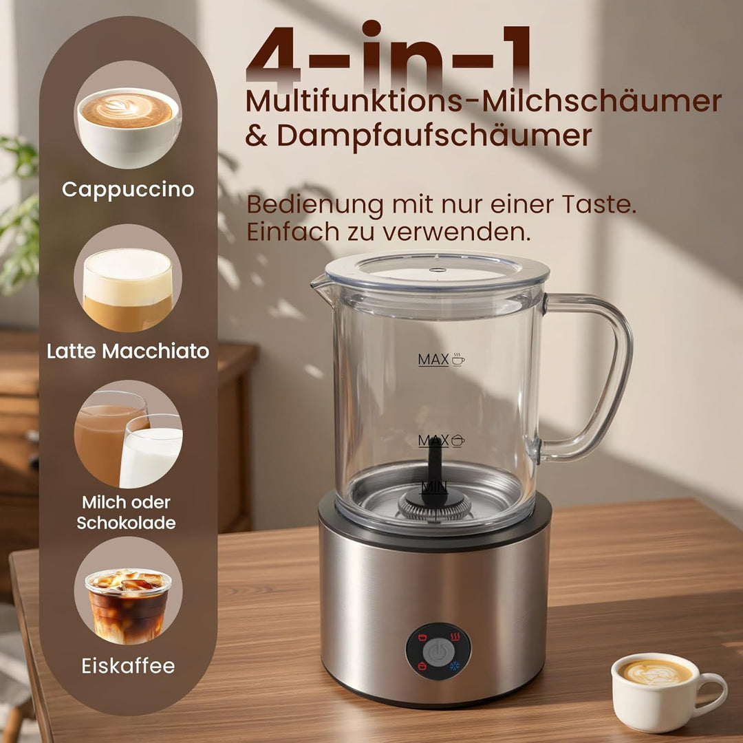 Milchaufschäumer Elektrisch 4 in 1, Milchschäumer Induktion 500ml Kalt Warm, Detachable Glas Visuell