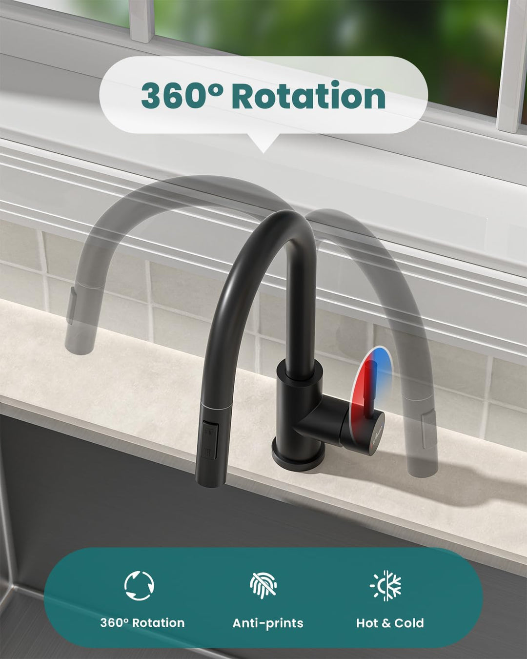 Wasserhahn Küche Schwarz, APPASO Küchenarmatur Ausziehbar 360° Drehbar, Hochdruck Mischbatterie mit