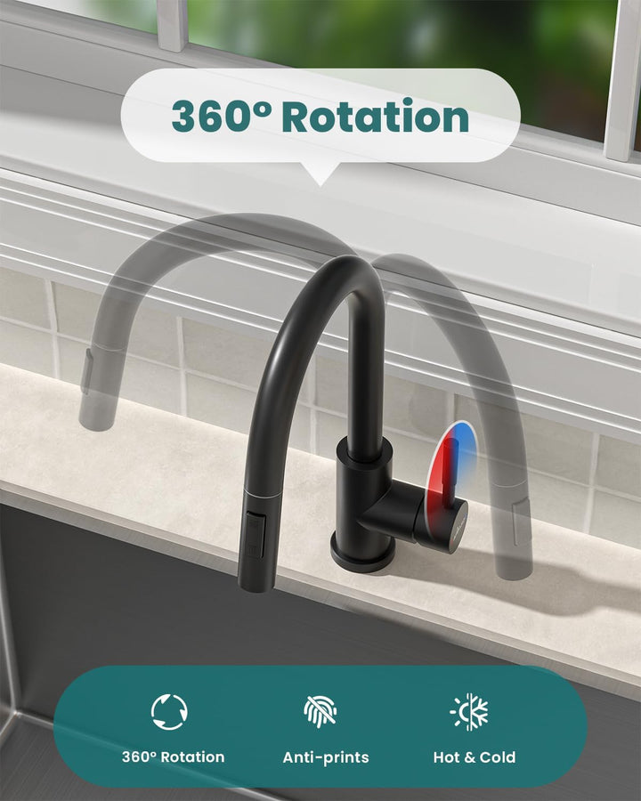 Wasserhahn Küche Schwarz, APPASO Küchenarmatur Ausziehbar 360° Drehbar, Hochdruck Mischbatterie mit