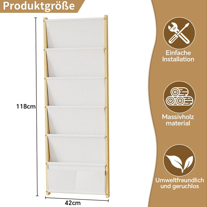 Bücherregal Kinder Wand Holz, mit 6 Lagige Taschen Wandregal Bücher Kinder, Montessori Bücherregal f