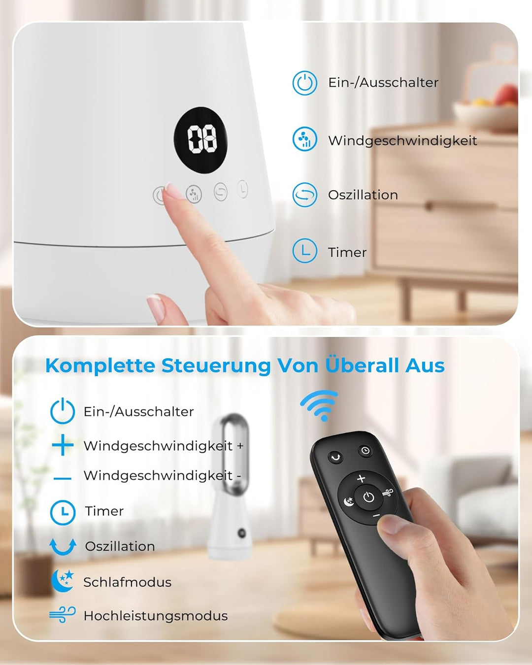 Leiser Turmventilator ohne Rotorblätter mit Fernbedienung & Digitaldisplay, 10 Geschwindigkeitsstufe