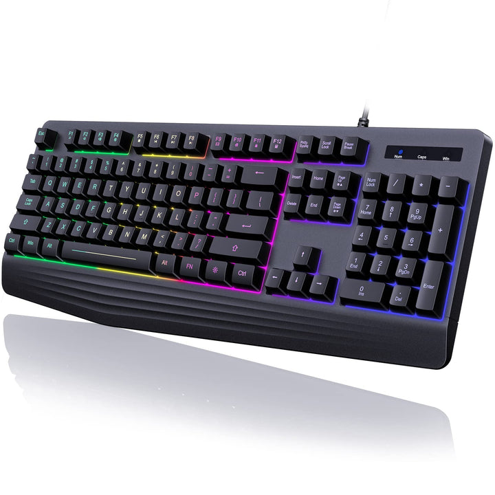 yesbeaut Gaming-Tastatur, 7-farbige Regenbogen-LED-Hintergrundbeleuchtung, 104 Tasten, leise beleuch