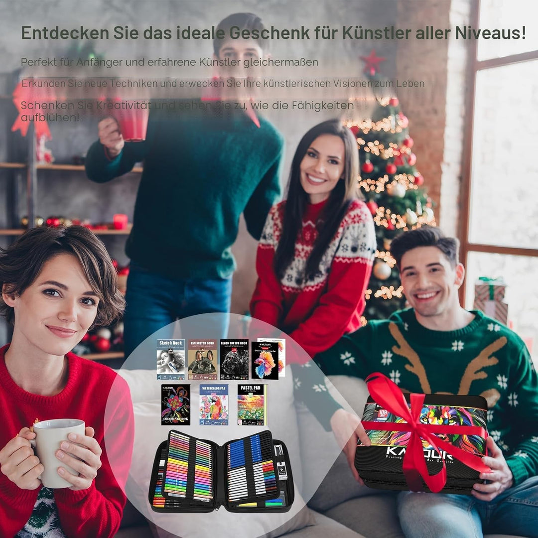 KALOUR PDAS 109 Zeichen Set Skizzenset, Pro Kunstbedarf mit Neon-, Farbstiften, Aquarell-, Metallic-