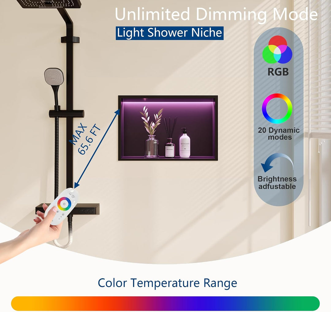 Wandnische Dusche Edelstahl mit RGB LED-Licht, Eingebettete Duschnische Schwarz Einzelregal Lagerung