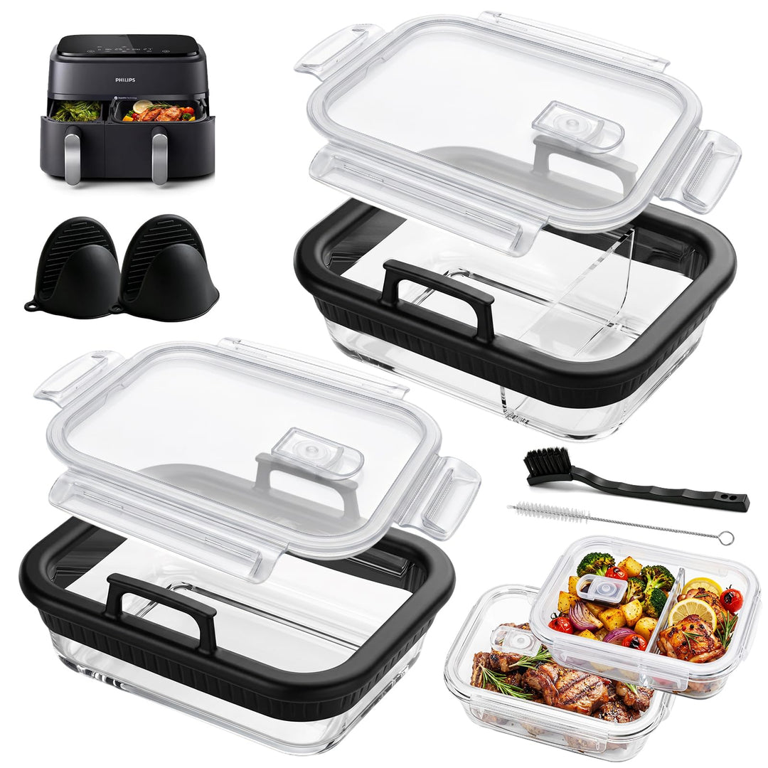 2 Stück Glas Auflaufform Airfryer, BPA-frei Glasform für Airfryer mit Deckel, Abnehmbaren Silikongri