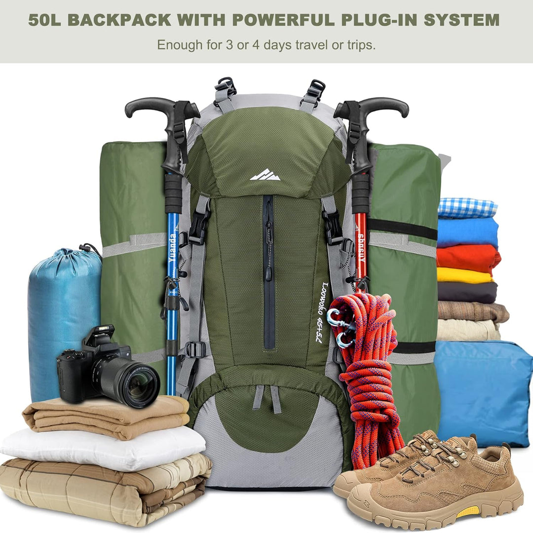 Loowoko Wanderrucksack 50L mit Regenschutz, Camping Rucksack Trekking Tasche für Outdoor, Männer & F