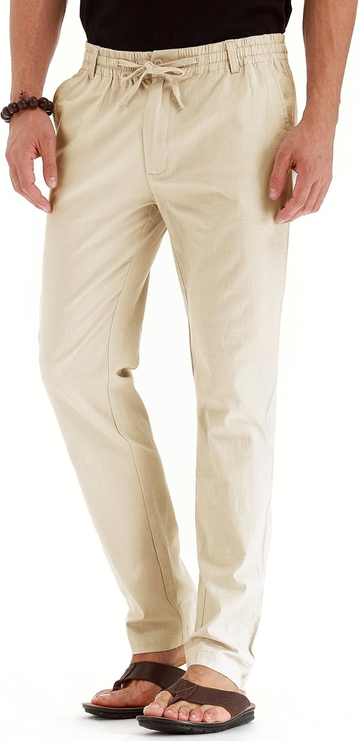 Ninee Herren Leinen Kordelzug Hose Casual Sommer Strand Lose Hose 36 05 Beige, 36 05 Beige