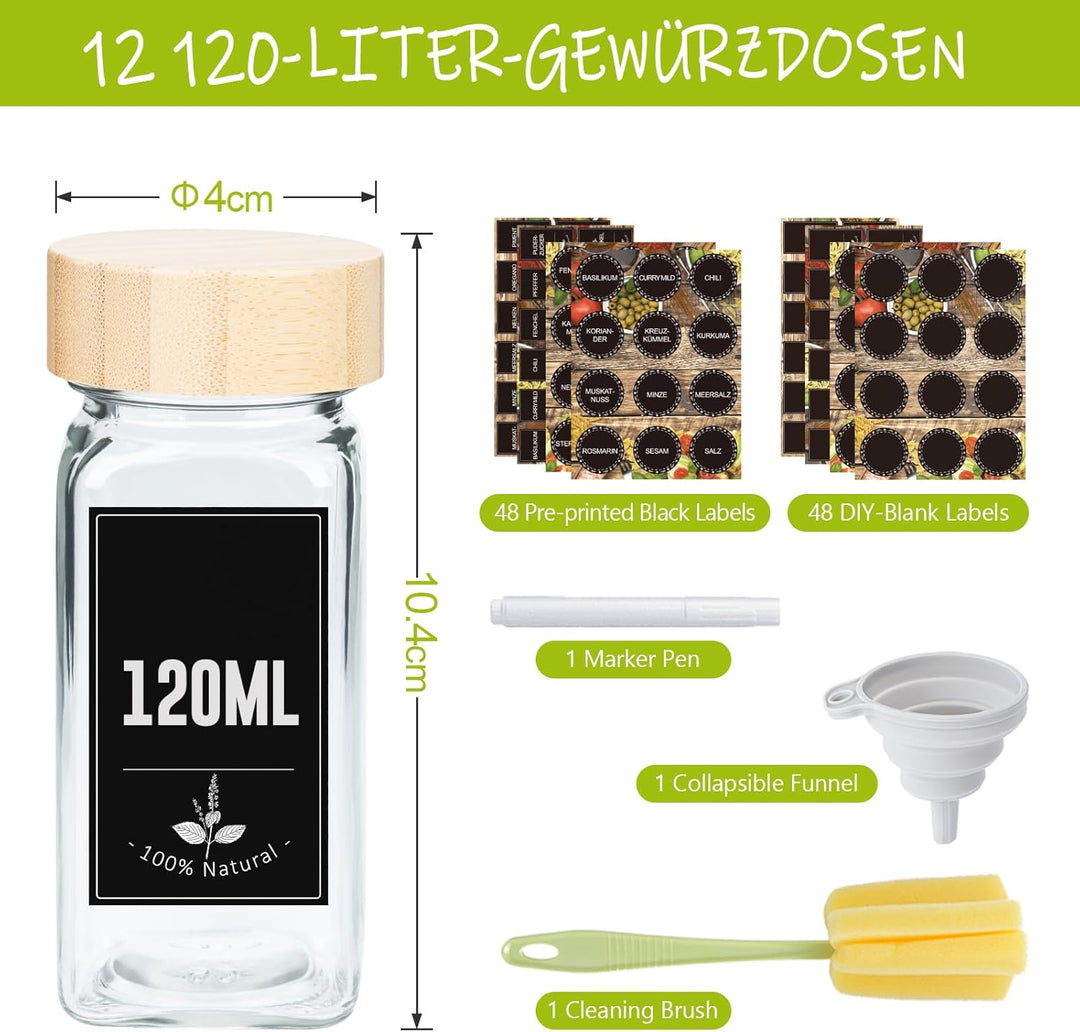UISEBRT Gewürzgläser Eckig Set 12er Gewürzbehälter mit Etiketten Spice Jars Gewürzdosen Glas 120ML G