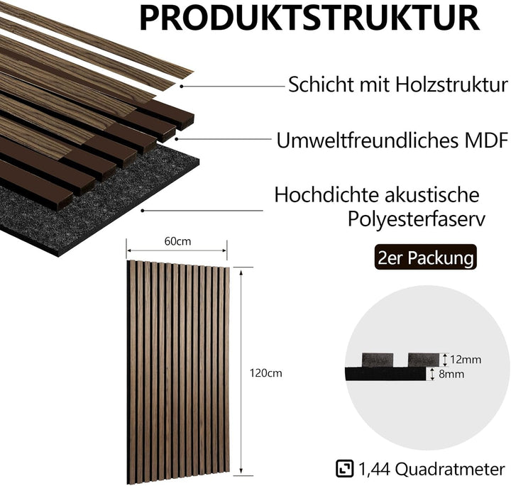 2 Holz-Schallwandpaneele, 120 * 60cm Holzlatten-Akustikpaneele Schallabsorbierend, Lärmdämpfende Pan