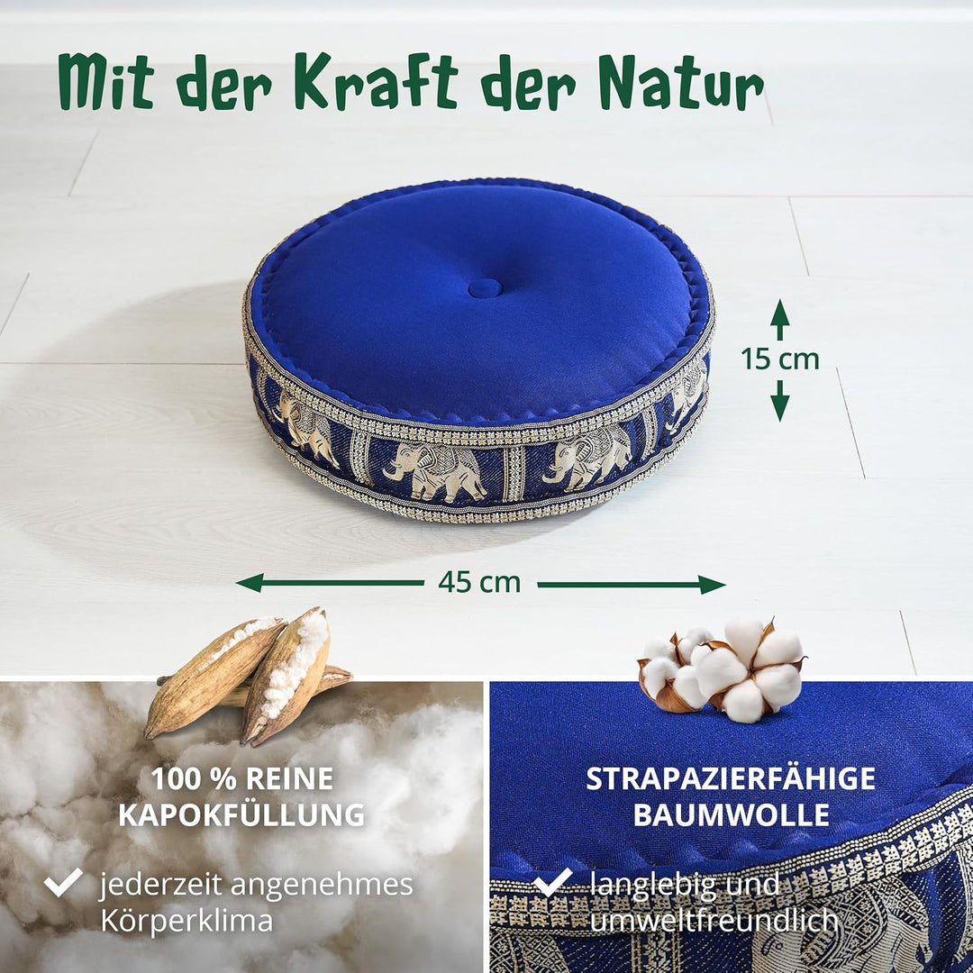 livasia Meditationskissen mit Thaiseide - Ø 45x15cm - Yogakissen mit Kapok, Pouf, Bodenkissen für Yo