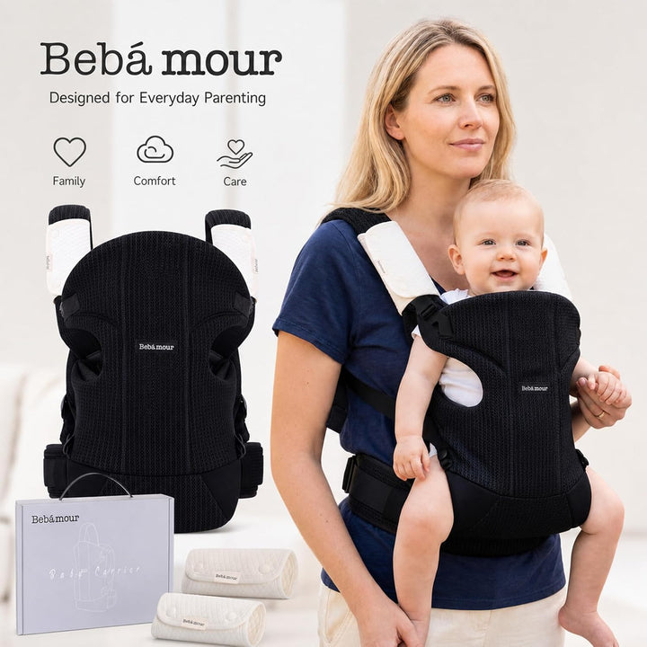 Bebamour Babytrage Vorder und Rückentrage mit 2 Schulterlätzchen, Black, Black