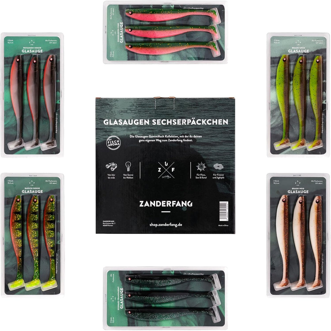 Zanderfang - Gummifische Set - Glasaugen Gummiköder für Zander, Barsch, Hecht - mit Fischaroma aroma