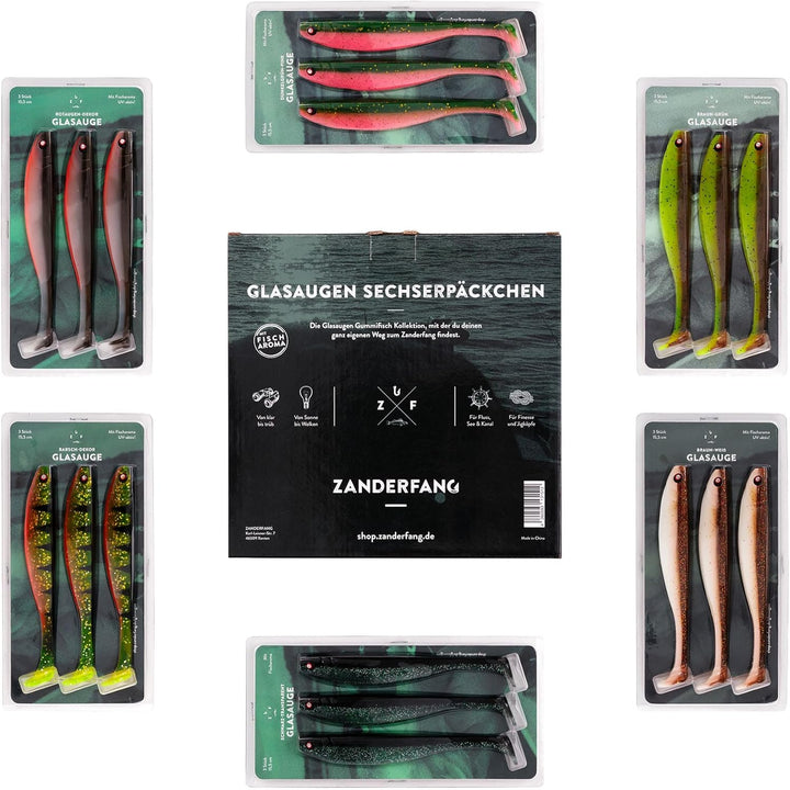 Zanderfang - Gummifische Set - Glasaugen Gummiköder für Zander, Barsch, Hecht - mit Fischaroma aroma