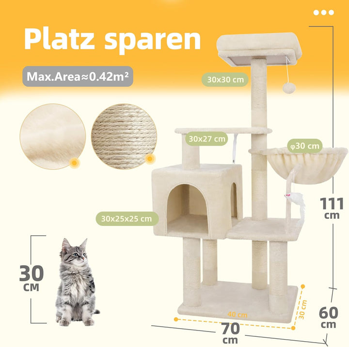 Hey-brother Kratzbaum, 111 cm Katzenbaum mit Spielzeug, Katzenkratzbaum mit Plattform, Hängematte un