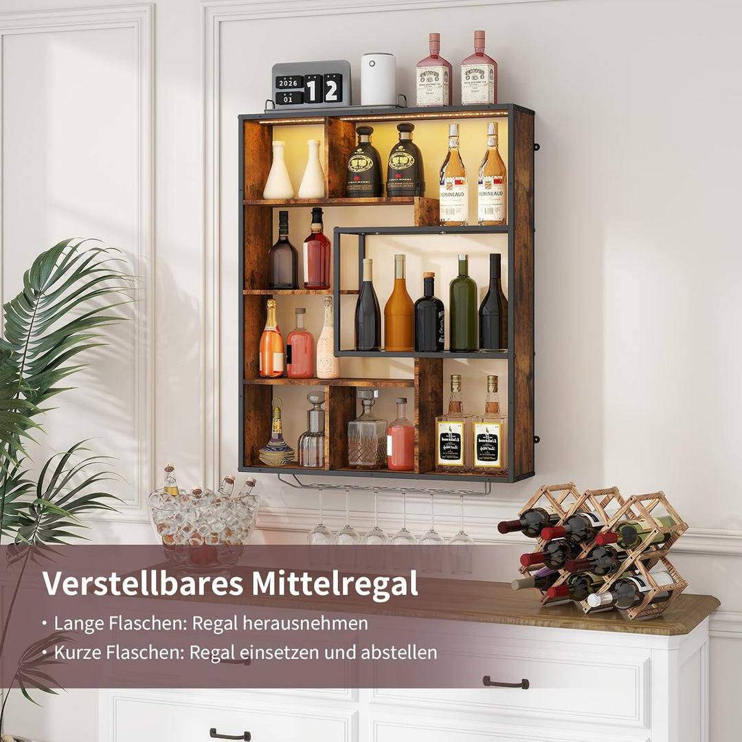 YOURLITE Weinregal Wand mit LED-Beleuchtung Metall,Bar Regal mit Glashalter,Wandmontage Wine Display
